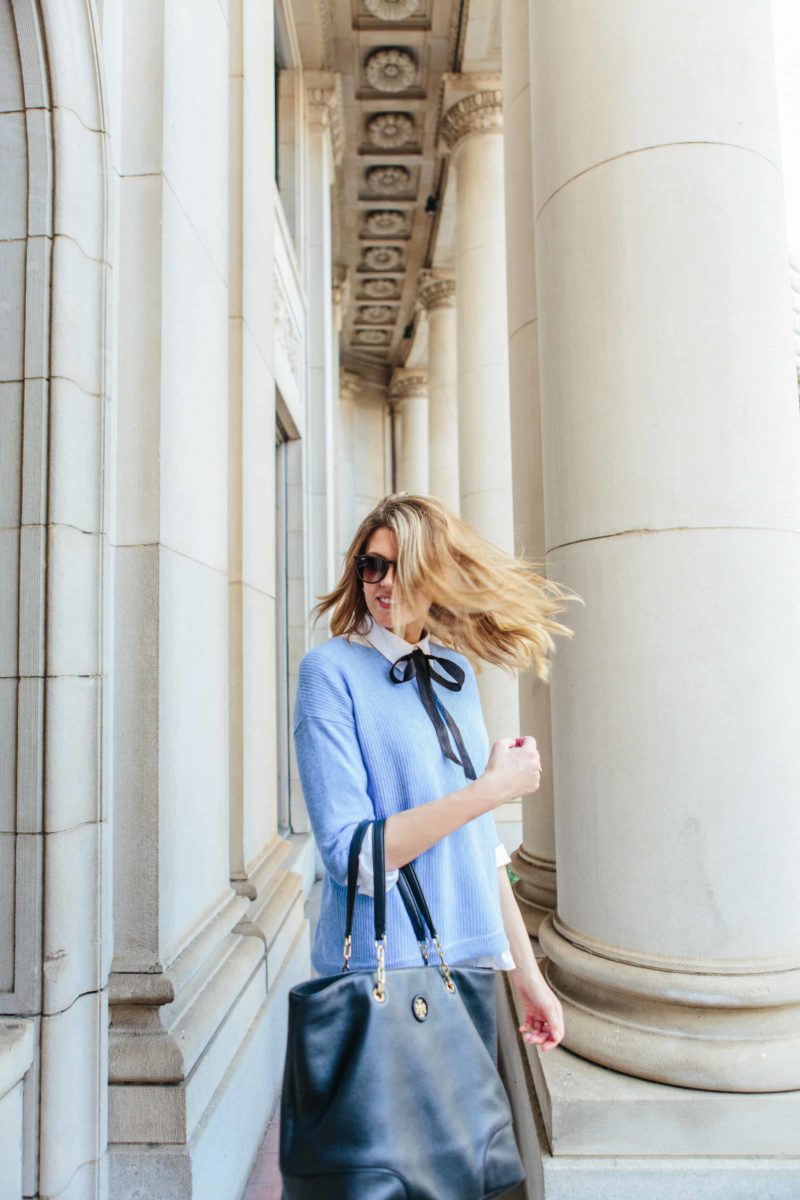 Blue Sweater and Tie Neck Blouse